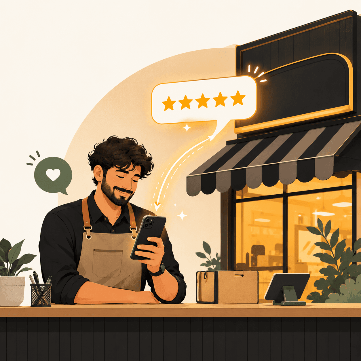 A shop owner reading a five-star review on their phone at the counter